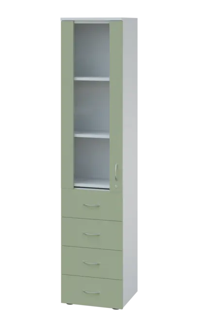 LE - 44 skříň léková prosklená, levá, korpus bílý, dvířka šedo-zelinkavá